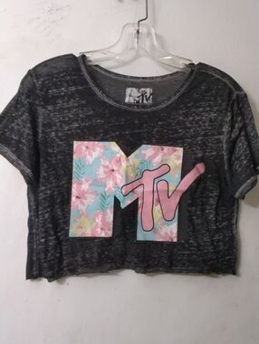 MTV Black Heather Cropped Tee with Floral Pastel Logo Women's Sz Medium